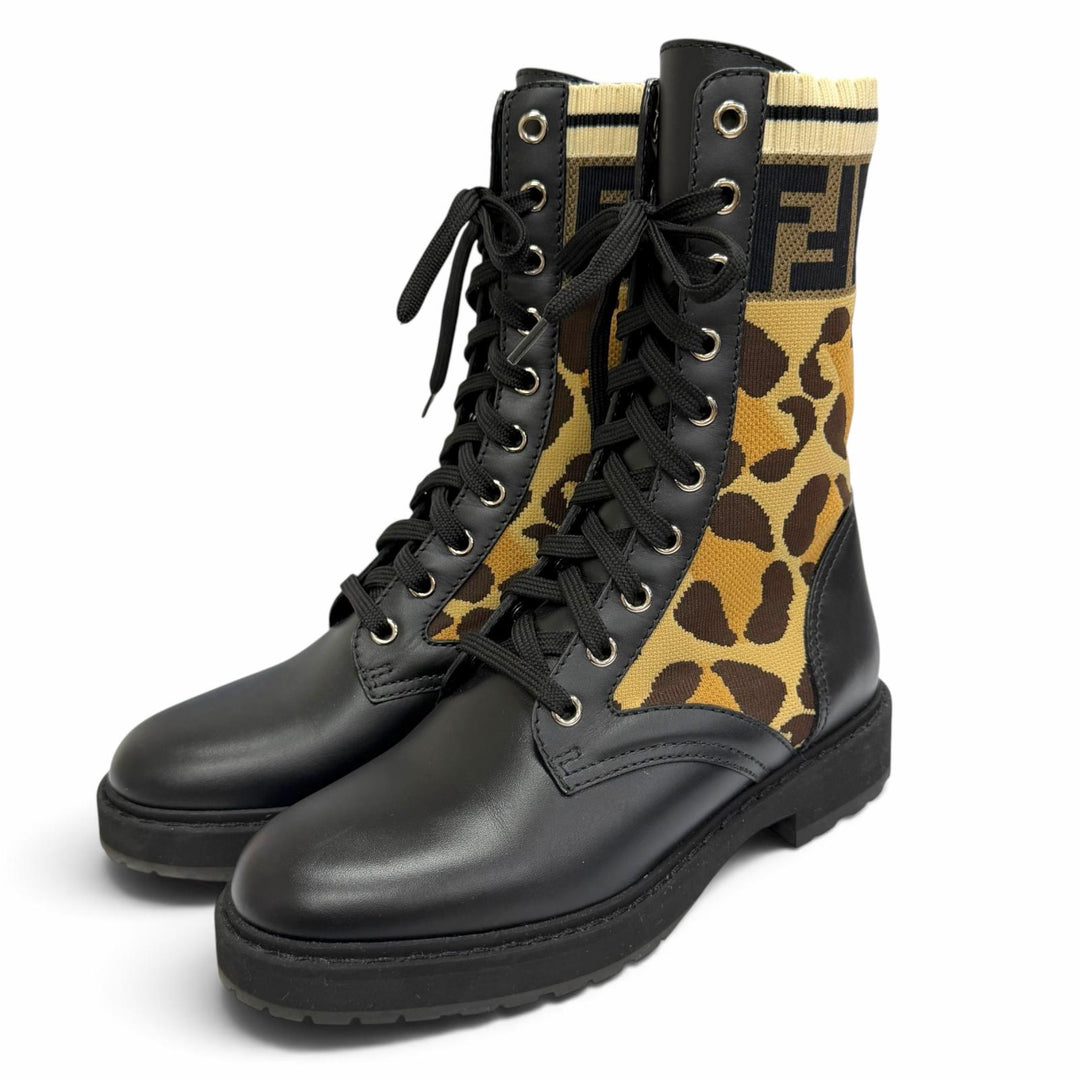 美品△FENDI フェンディ ロココ ズッカ レオパード柄 レースアップ レザー ニット ショートブーツ ブラウン系 ブラック 35 イタリア製