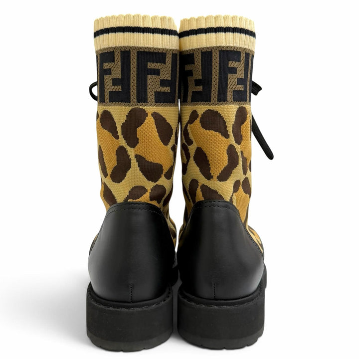 美品△FENDI フェンディ ロココ ズッカ レオパード柄 レースアップ レザー ニット ショートブーツ ブラウン系 ブラック 35 イタリア製
