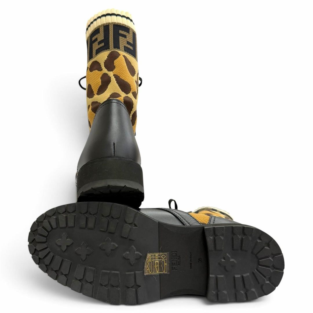 美品△FENDI フェンディ ロココ ズッカ レオパード柄 レースアップ レザー ニット ショートブーツ ブラウン系 ブラック 35 イタリア製