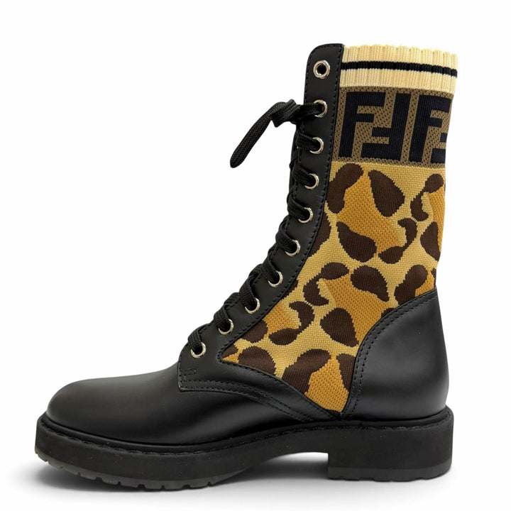 美品△FENDI フェンディ ロココ ズッカ レオパード柄 レースアップ レザー ニット ショートブーツ ブラウン系 ブラック 35 イタリア製
