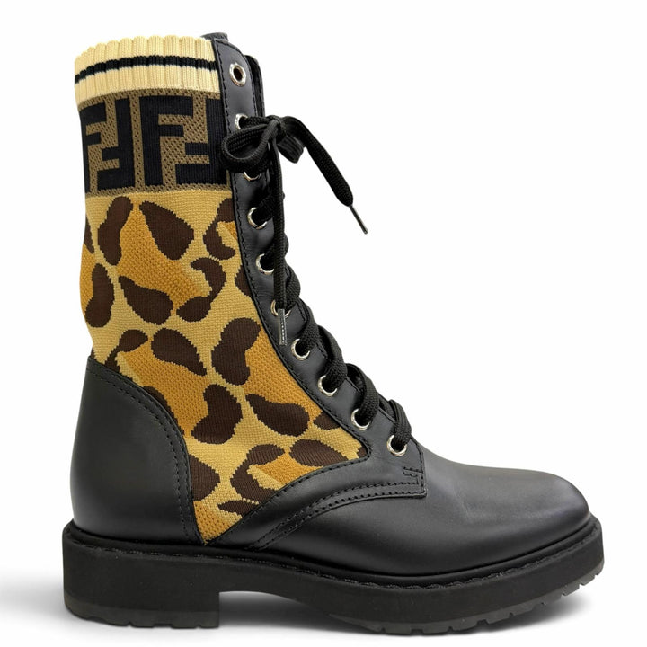 美品△FENDI フェンディ ロココ ズッカ レオパード柄 レースアップ レザー ニット ショートブーツ ブラウン系 ブラック 35 イタリア製