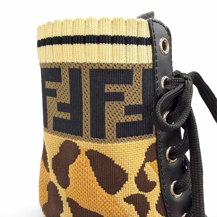 美品△FENDI フェンディ ロココ ズッカ レオパード柄 レースアップ レザー ニット ショートブーツ ブラウン系 ブラック 35 イタリア製