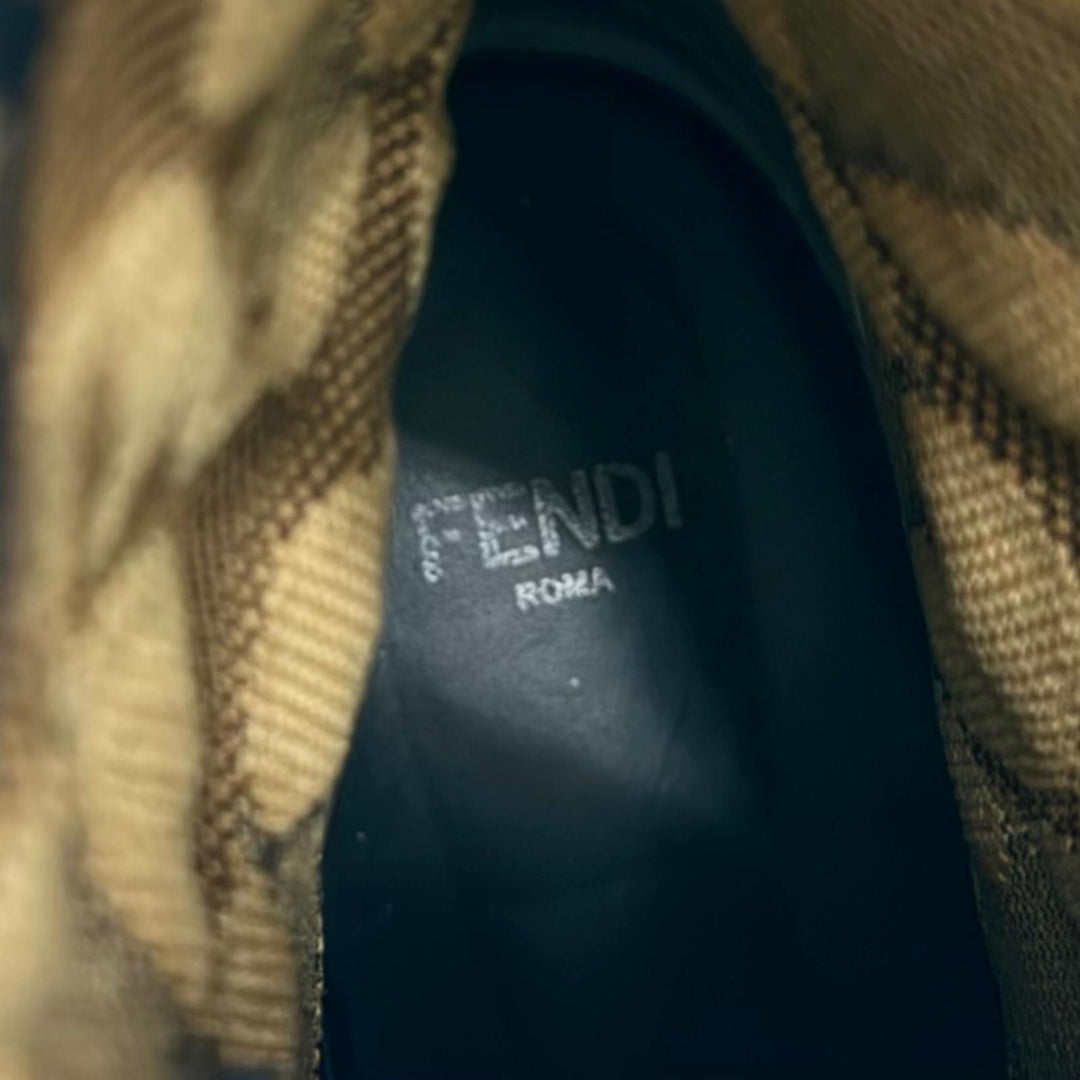 美品△FENDI フェンディ ロココ ズッカ レオパード柄 レースアップ レザー ニット ショートブーツ ブラウン系 ブラック 35 イタリア製