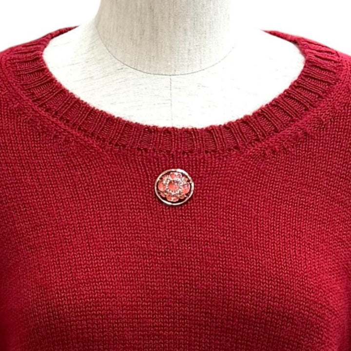 極美品★CHANEL シャネル P77494K ウール100％ ココマーク ラインストーン ツイード使い 長袖 セーター レッド 38 イタリア製 正規品
