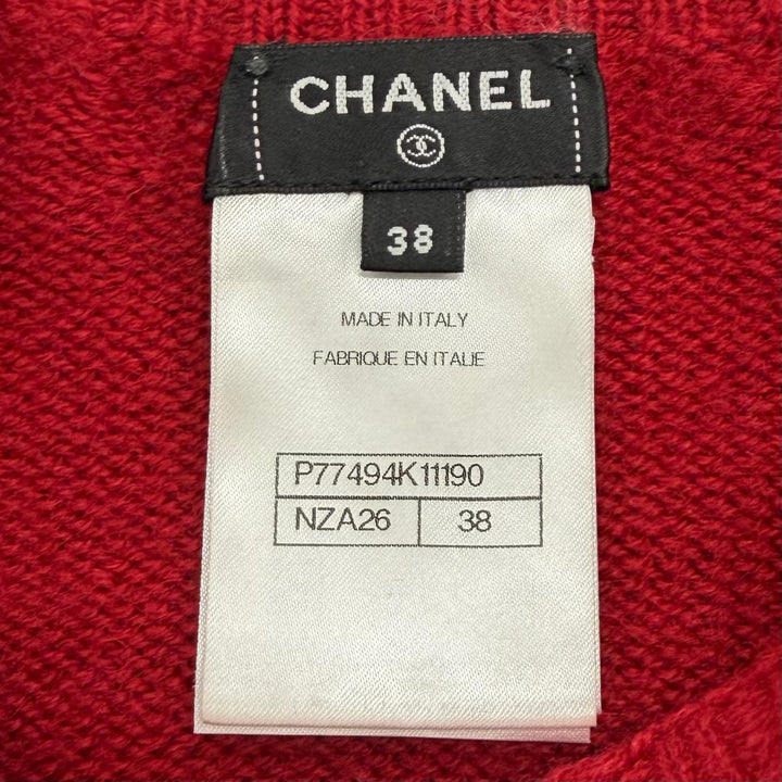 極美品★CHANEL シャネル P77494K ウール100％ ココマーク ラインストーン ツイード使い 長袖 セーター レッド 38 イタリア製 正規品