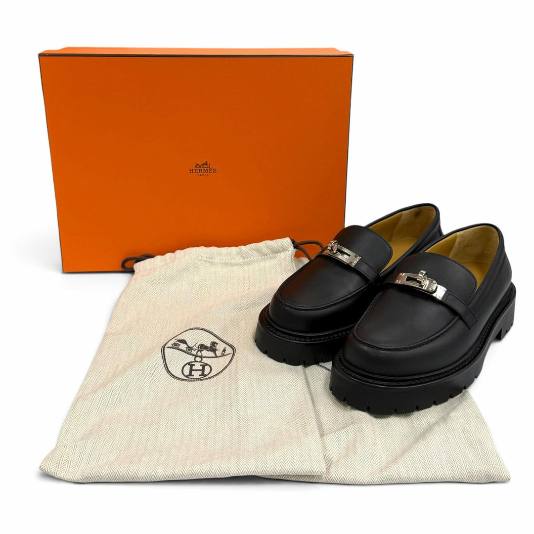 極美品★HERMES エルメス シルバー金具 モカシン アイコン ケリーバックル レザー ローファー ブラック 34.5 定価262900円 箱・保存袋付
