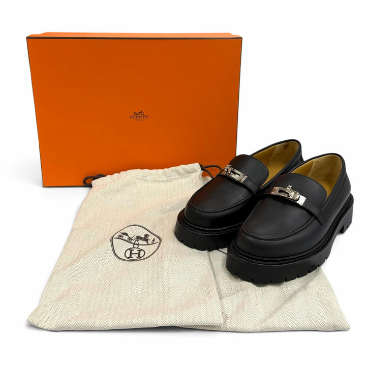 極美品★HERMES エルメス シルバー金具 モカシン アイコン ケリーバックル レザー ローファー ブラック 34.5 定価262900円 箱・保存袋付