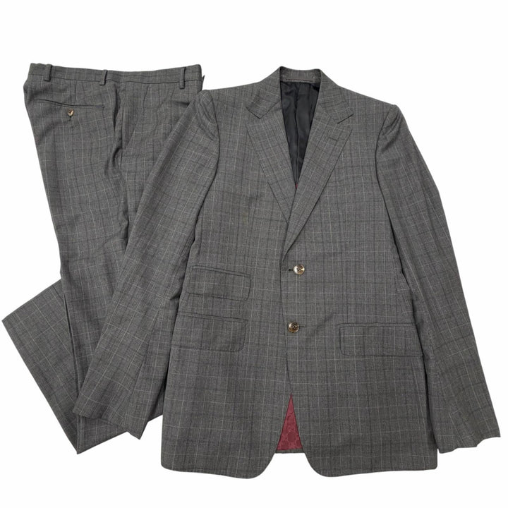 極美品▼GUCCI グッチ 429341 ウール100% チェック柄 裏地GG ロゴ入りボタン シングルスーツ セットアップ グレー 44 イタリア製 正規品
