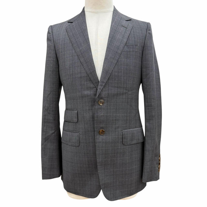 極美品▼GUCCI グッチ 429341 ウール100% チェック柄 裏地GG ロゴ入りボタン シングルスーツ セットアップ グレー 44 イタリア製 正規品