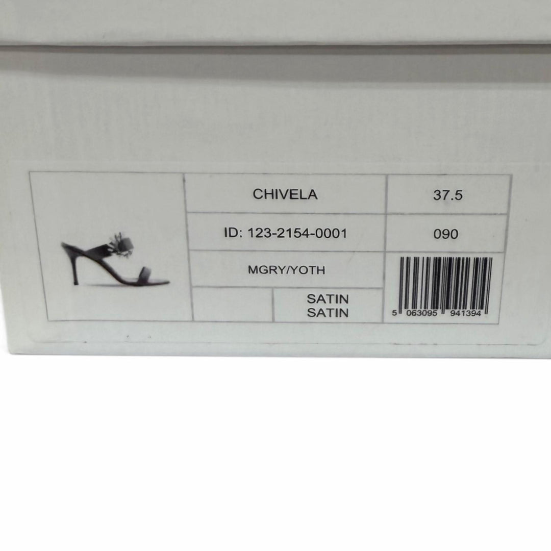 未使用品★MANOLO BLAHNIK マノロブラニク CHIVELA チヴェラ クリスタル装飾 サテン ピンヒール サンダル グレー 37.5 箱・保存袋付き