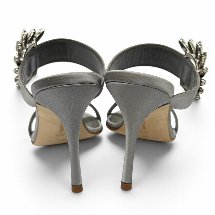 未使用品★MANOLO BLAHNIK マノロブラニク CHIVELA チヴェラ クリスタル装飾 サテン ピンヒール サンダル グレー 37.5 箱・保存袋付き