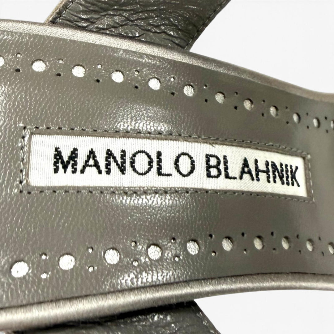 未使用品★MANOLO BLAHNIK マノロブラニク CHIVELA チヴェラ クリスタル装飾 サテン ピンヒール サンダル グレー 37.5 箱・保存袋付き