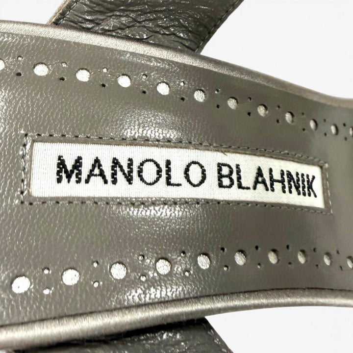 未使用品★MANOLO BLAHNIK マノロブラニク CHIVELA チヴェラ クリスタル装飾 サテン ピンヒール サンダル グレー 37.5 箱・保存袋付き