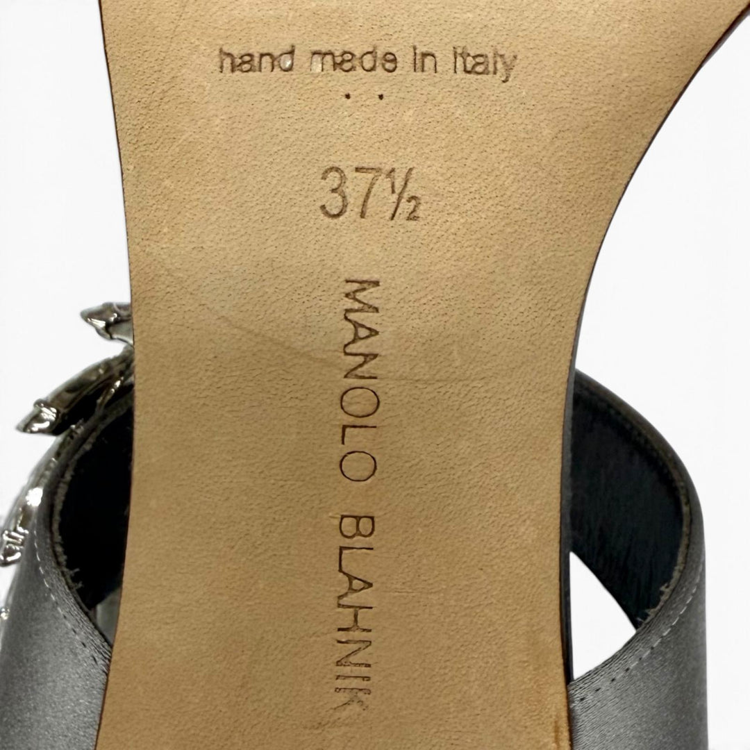 未使用品★MANOLO BLAHNIK マノロブラニク CHIVELA チヴェラ クリスタル装飾 サテン ピンヒール サンダル グレー 37.5 箱・保存袋付き