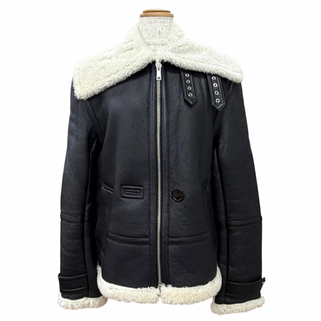 極美品△HELMUT LANG ヘルムートラング ラムレザー ジップアップ ボンバージャケット シャーリング ムートンジャケット ブラック S