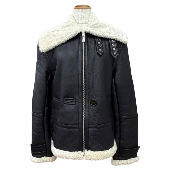 極美品△HELMUT LANG ヘルムートラング ラムレザー ジップアップ ボンバージャケット シャーリング ムートンジャケット ブラック S