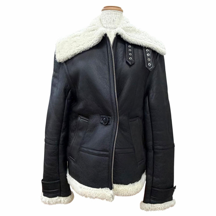 極美品△HELMUT LANG ヘルムートラング ラムレザー ジップアップ ボンバージャケット シャーリング ムートンジャケット ブラック S