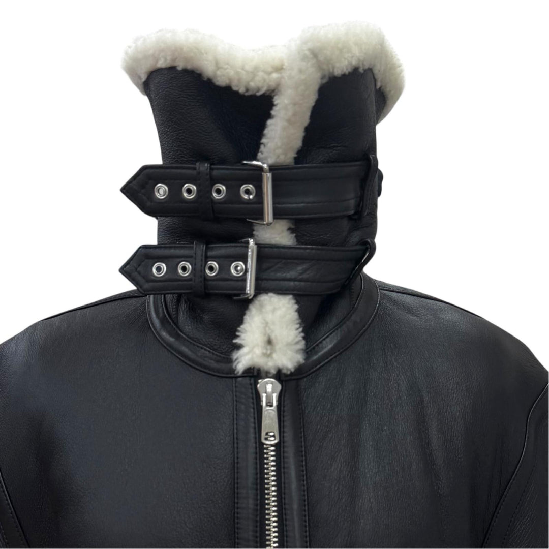 極美品△HELMUT LANG ヘルムートラング ラムレザー ジップアップ ボンバージャケット シャーリング ムートンジャケット ブラック S