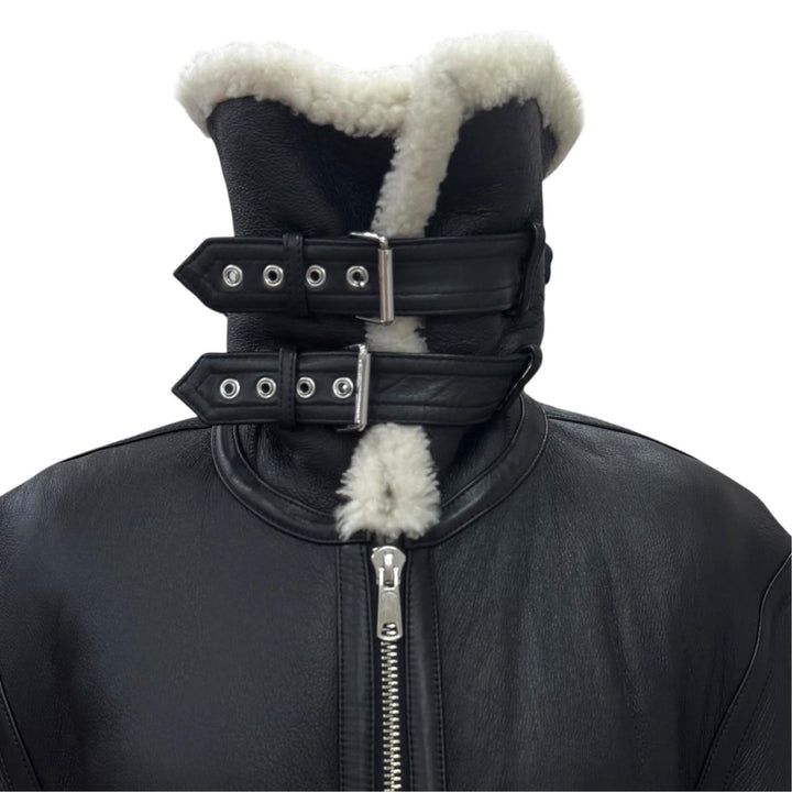 極美品△HELMUT LANG ヘルムートラング ラムレザー ジップアップ ボンバージャケット シャーリング ムートンジャケット ブラック S
