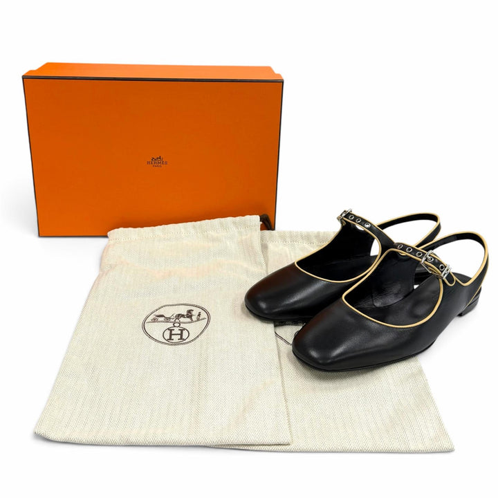 未使用品★HERMES エルメス 2024年製 クレオ Hバックル スクエアトゥ レザー バレエシューズ ブラック 37 イタリア製 箱・保存袋付き