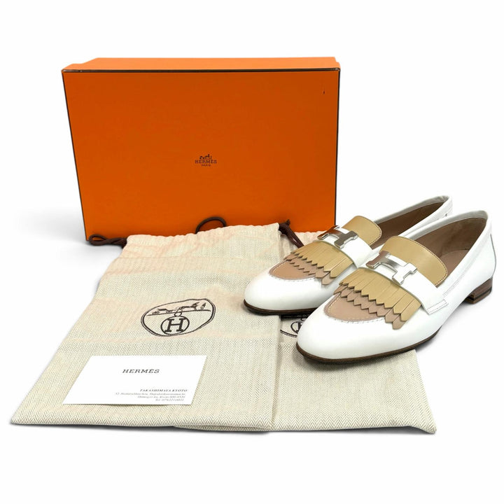 未使用品★HERMES エルメス モカシン ロワイヤル シルバー金具 2023年購入 H金具 フリンジ レザー ローファー 37 箱・保存袋付き