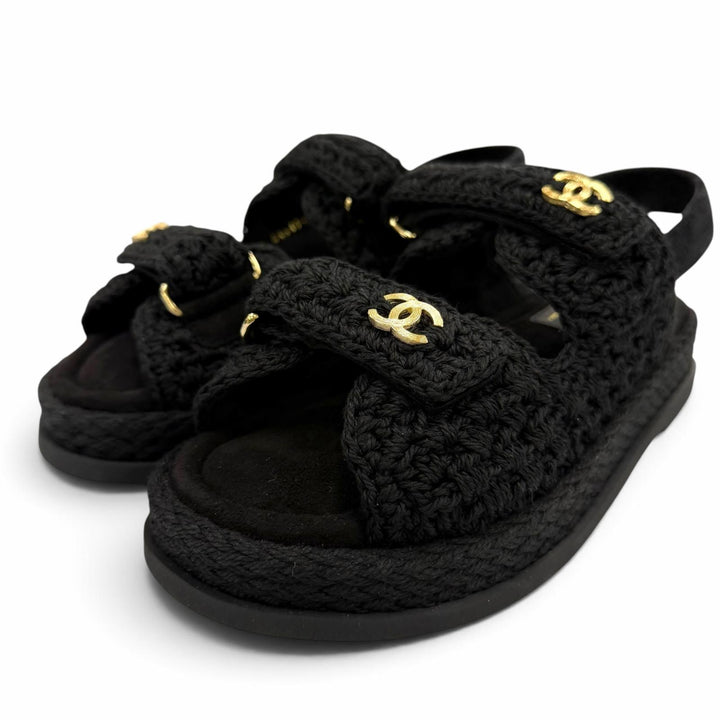 未使用品☆CHANEL シャネル G46339 スウェードレザー使い ココマーク ベルクロ ニット サンダル ブラック 37 イタリア製 箱・袋付