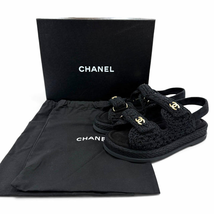 未使用品☆CHANEL シャネル G46339 スウェードレザー使い ココマーク ベルクロ ニット サンダル ブラック 37 イタリア製 箱・袋付