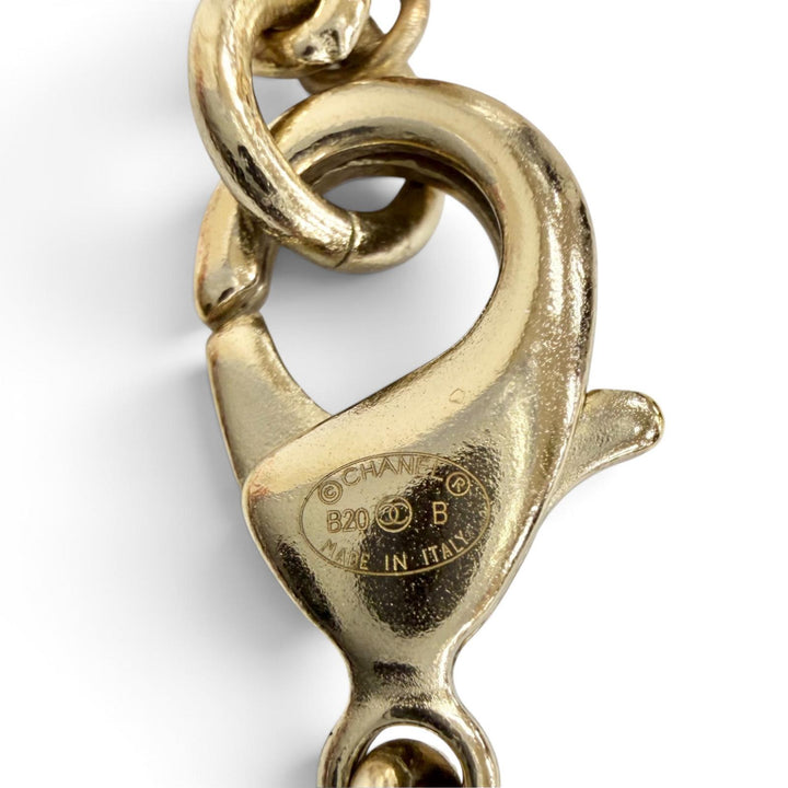 美品△CHANEL シャネル B20B ココマーク ラインストーン パール レザーチェーン ネックレス アクセサリー ゴールド ブラック イタリア製