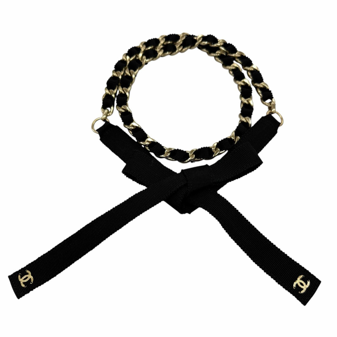 極美品☆CHANEL シャネル 20C メタル ココマーク リボン チェーン ベルト ブラック ゴールド S イタリア製 レディース 箱・保存袋付き