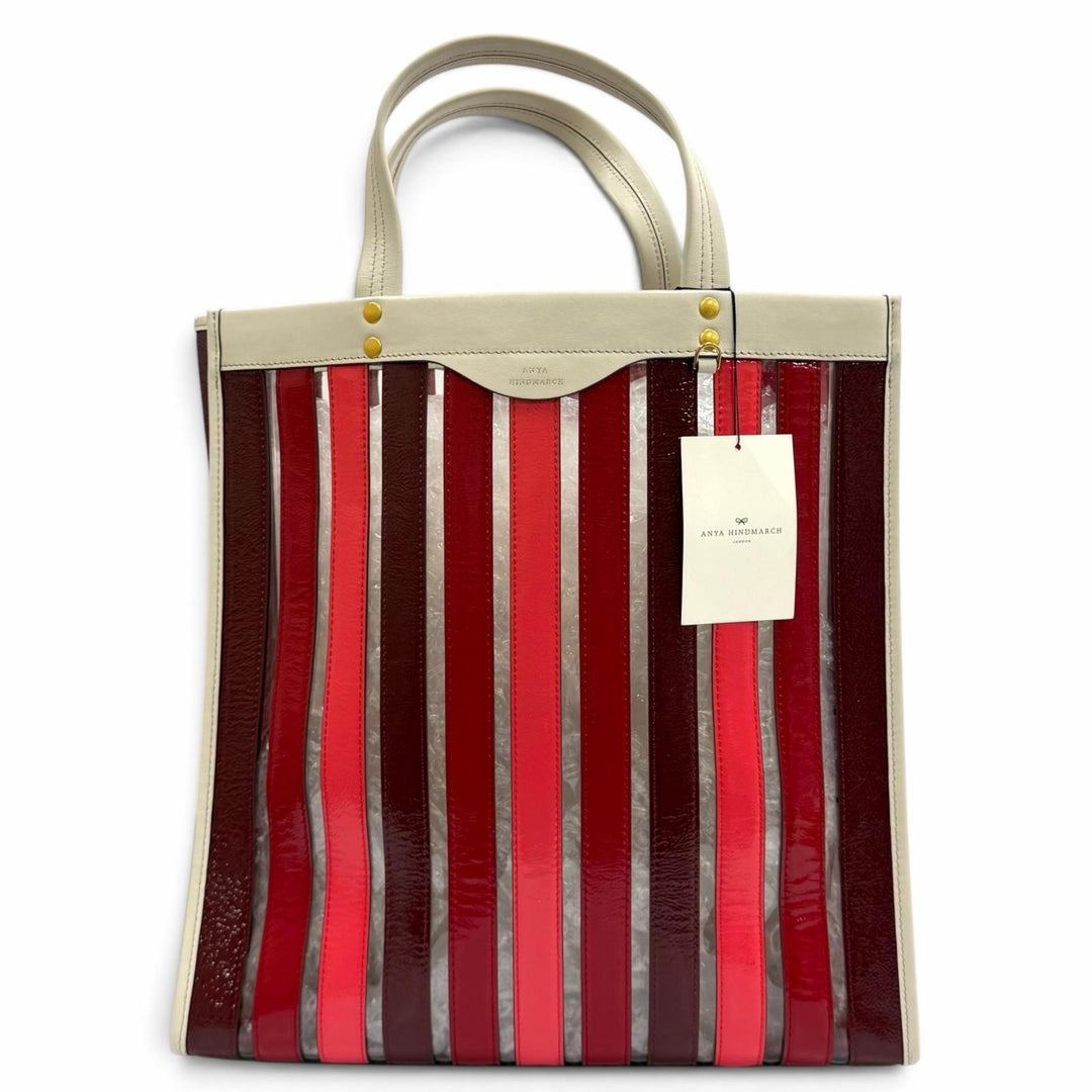 極美品★Anya Hindmarch アニヤ ハインドマーチ Multi Stripes Tote Oxblood Multi ロゴ入り レザー使い トートバッグ 定価105000円