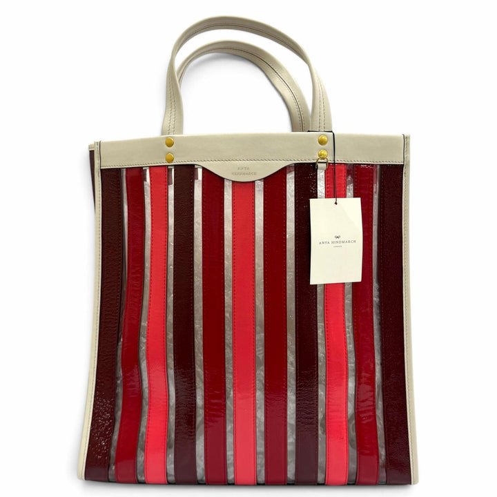 極美品★Anya Hindmarch アニヤ ハインドマーチ Multi Stripes Tote Oxblood Multi ロゴ入り レザー使い トートバッグ 定価105000円