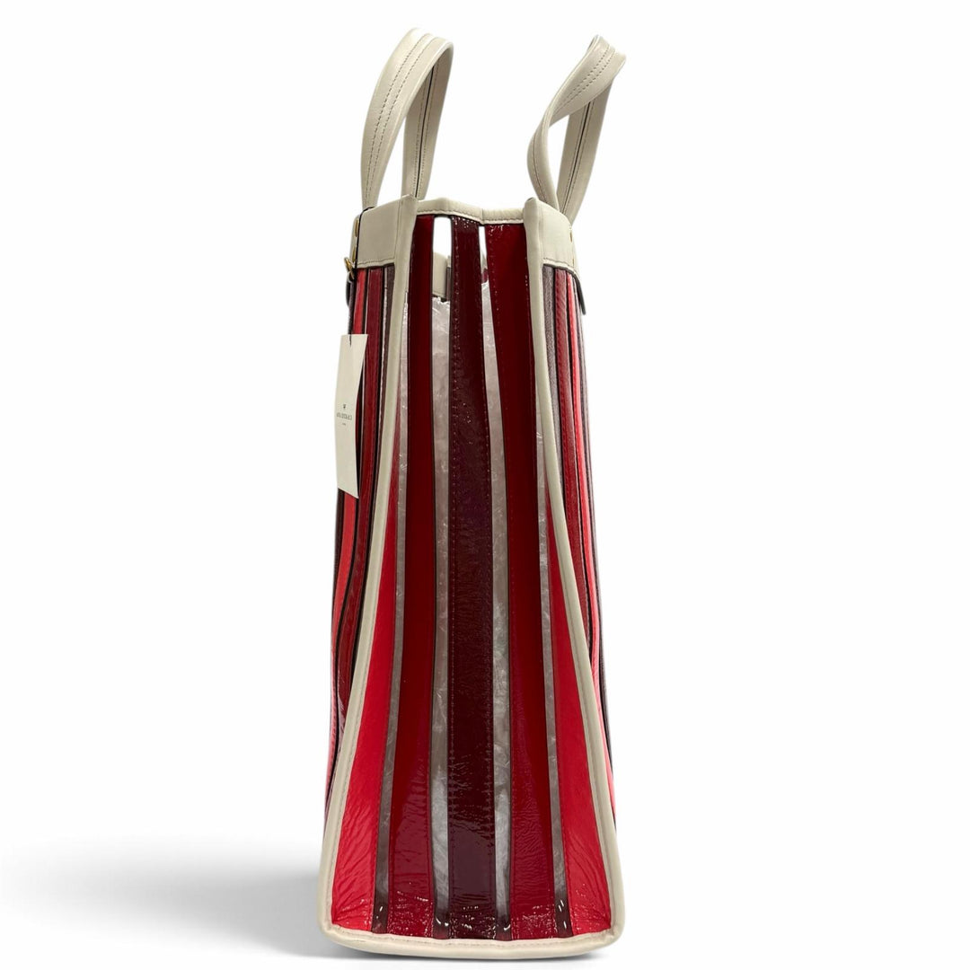極美品★Anya Hindmarch アニヤ ハインドマーチ Multi Stripes Tote Oxblood Multi ロゴ入り レザー使い トートバッグ 定価105000円