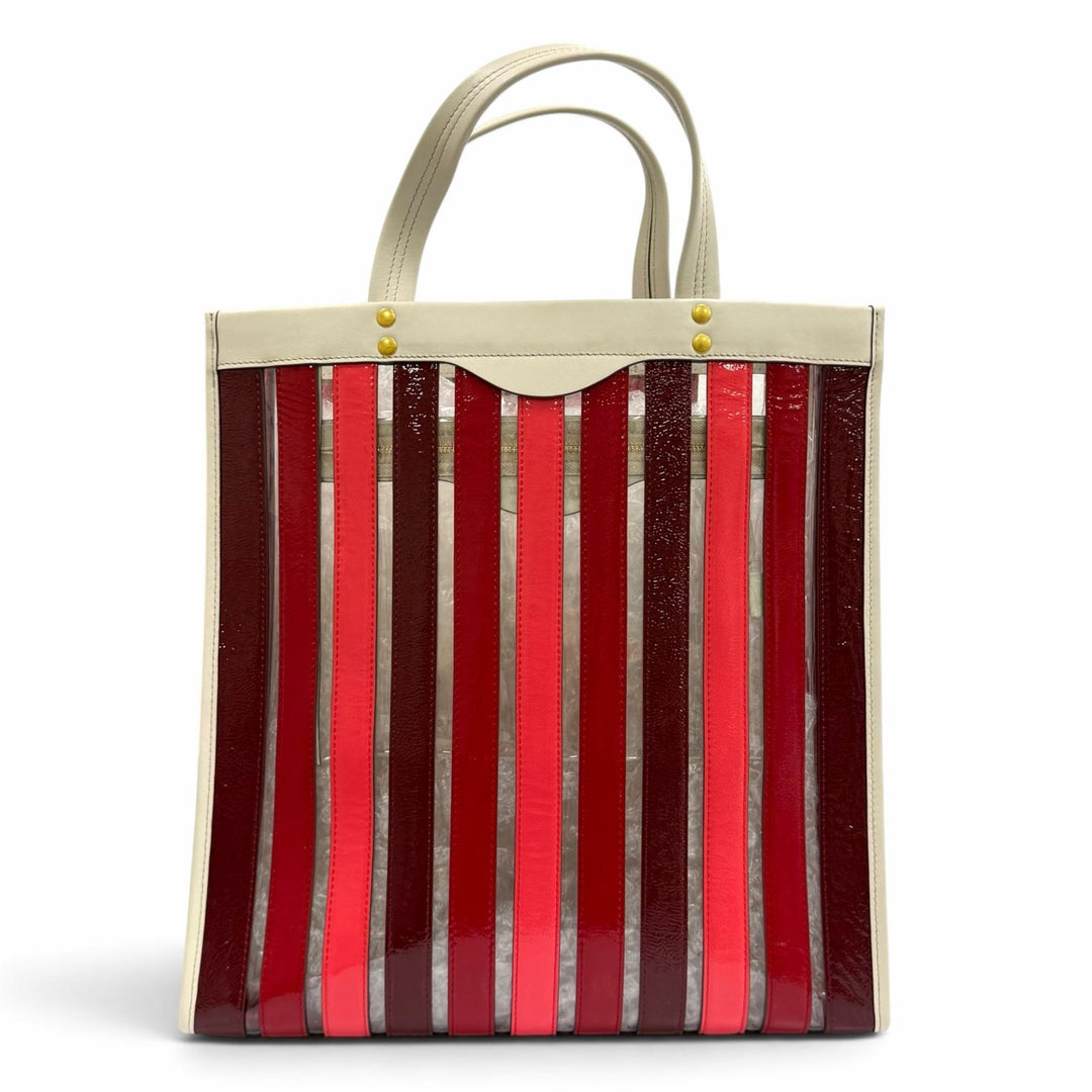 極美品★Anya Hindmarch アニヤ ハインドマーチ Multi Stripes Tote Oxblood Multi ロゴ入り レザー使い トートバッグ 定価105000円