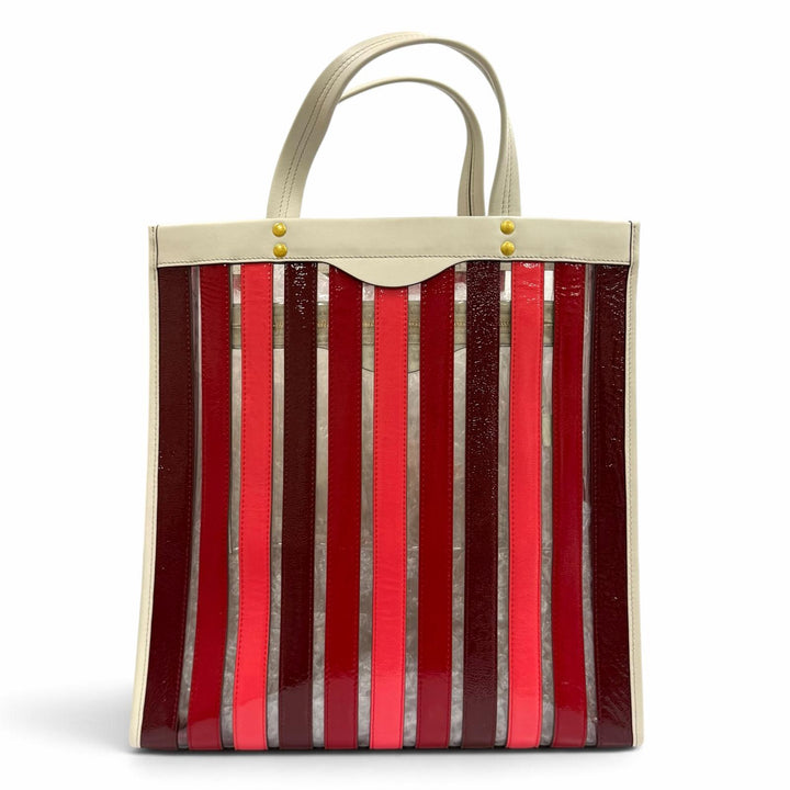 極美品★Anya Hindmarch アニヤ ハインドマーチ Multi Stripes Tote Oxblood Multi ロゴ入り レザー使い トートバッグ 定価105000円