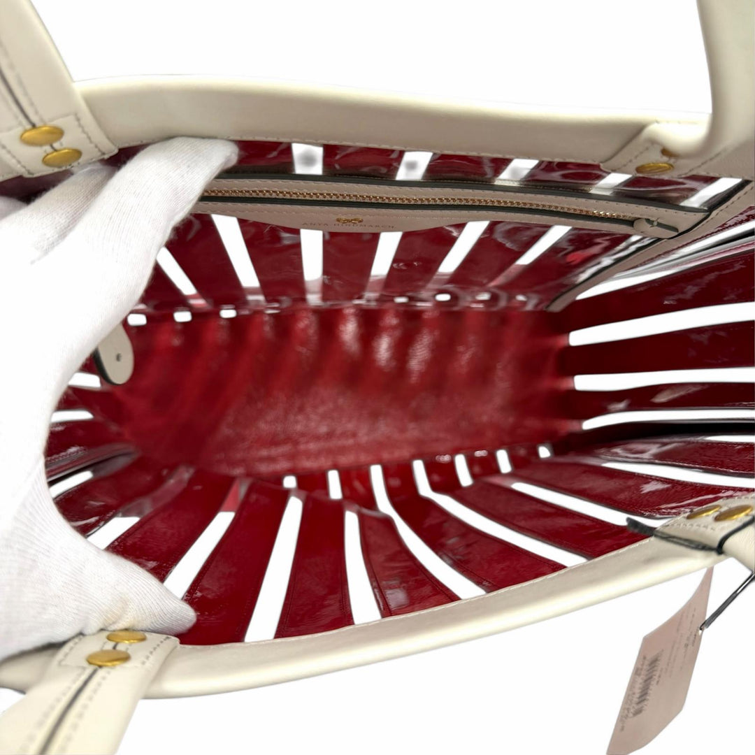 極美品★Anya Hindmarch アニヤ ハインドマーチ Multi Stripes Tote Oxblood Multi ロゴ入り レザー使い トートバッグ 定価105000円