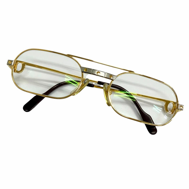 美品□Cartier カルティエ ヴィンテージ サントス ドゥ カルティエ ツーブリッジ メガネ 眼鏡 ゴールド ボルドー 53□20-130 度入り 仏製