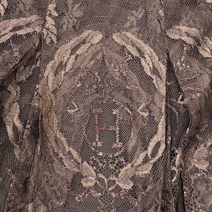 美品☆HERMES エルメス Hロゴデザイン刺繍 総レース 膝丈 フレアスカート ブラウン FR 38 フランス製 正規品 レディース