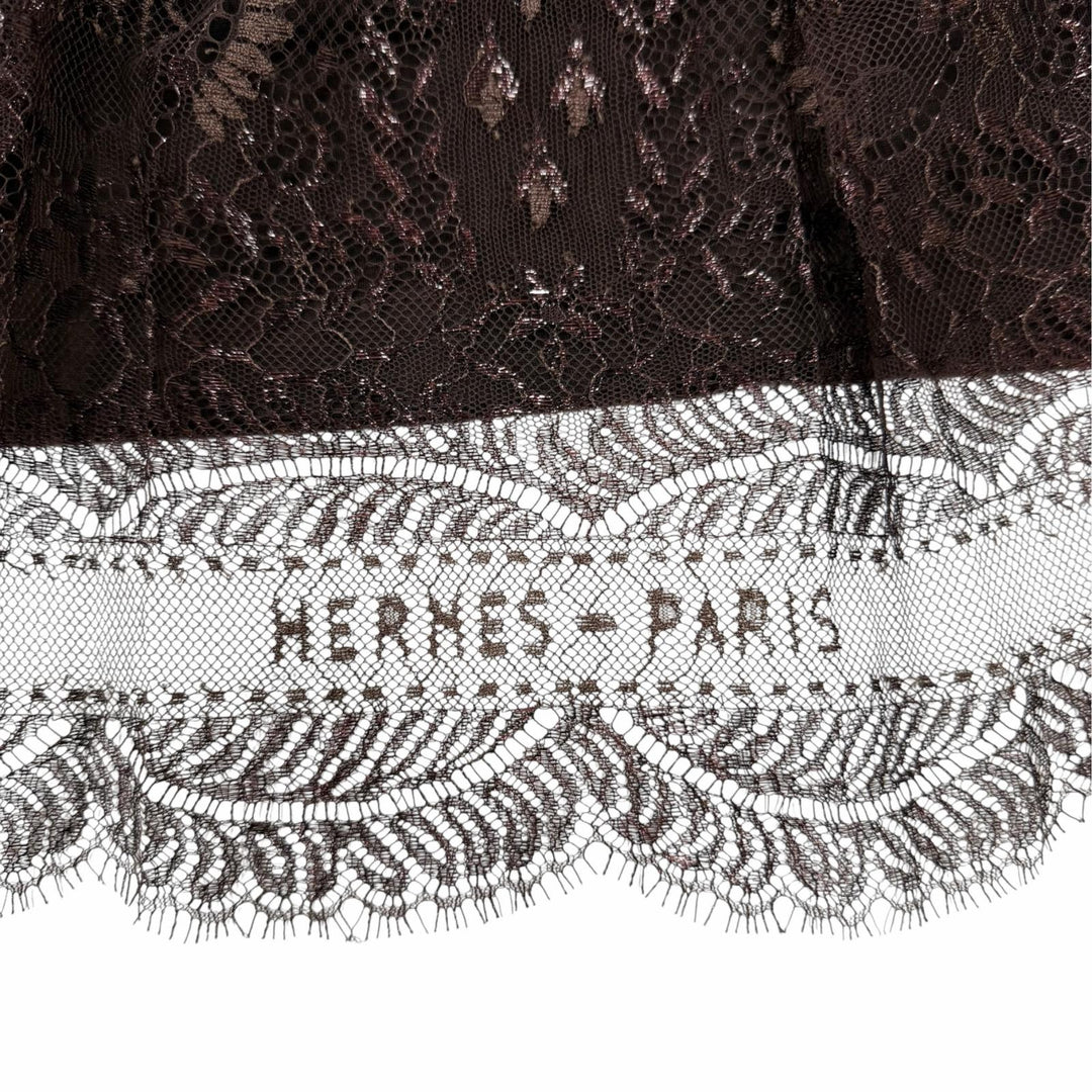 美品☆HERMES エルメス Hロゴデザイン刺繍 総レース 膝丈 フレアスカート ブラウン FR 38 フランス製 正規品 レディース