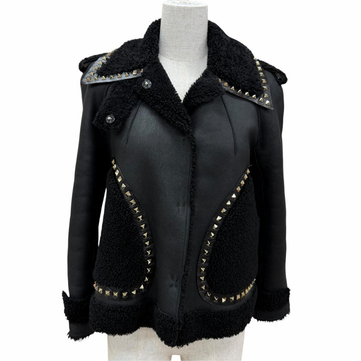 美品☆VALENTINO ヴァレンティノ ロックスタッズ付 レザー使い ムートンジャケット ブラック IT 38 イタリア製 正規品 レディース
