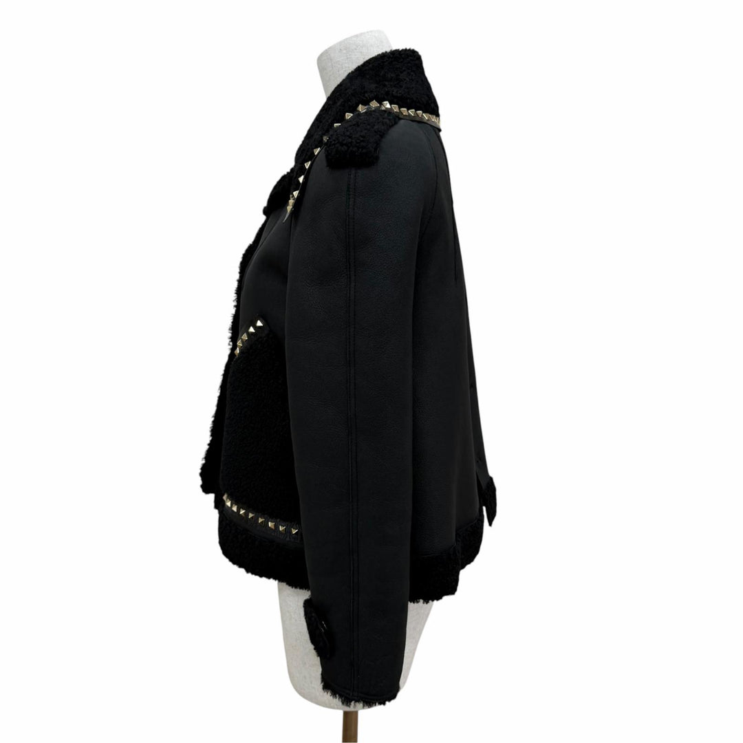 美品☆VALENTINO ヴァレンティノ ロックスタッズ付 レザー使い ムートンジャケット ブラック IT 38 イタリア製 正規品 レディース