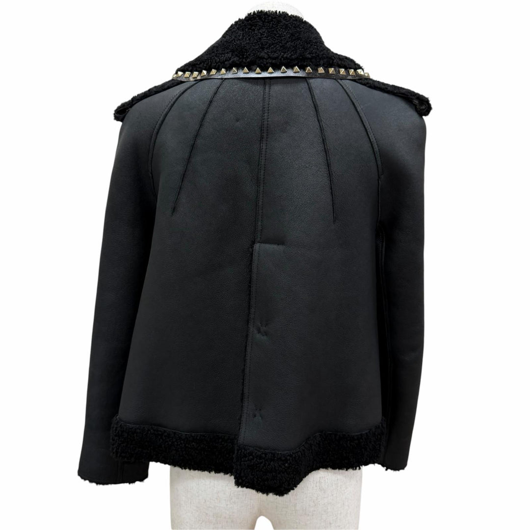 美品☆VALENTINO ヴァレンティノ ロックスタッズ付 レザー使い ムートンジャケット ブラック IT 38 イタリア製 正規品 レディース