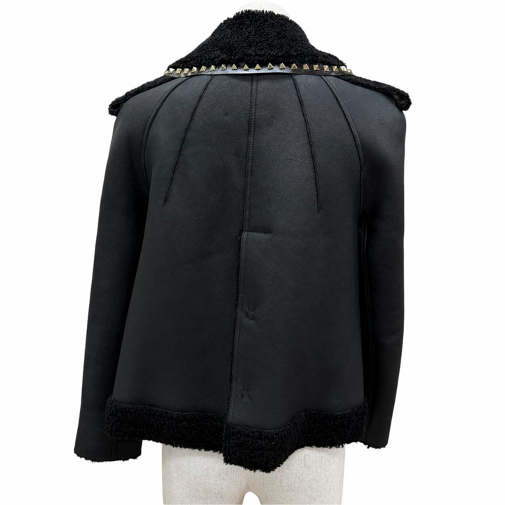 美品☆VALENTINO ヴァレンティノ ロックスタッズ付 レザー使い ムートンジャケット ブラック IT 38 イタリア製 正規品 レディース