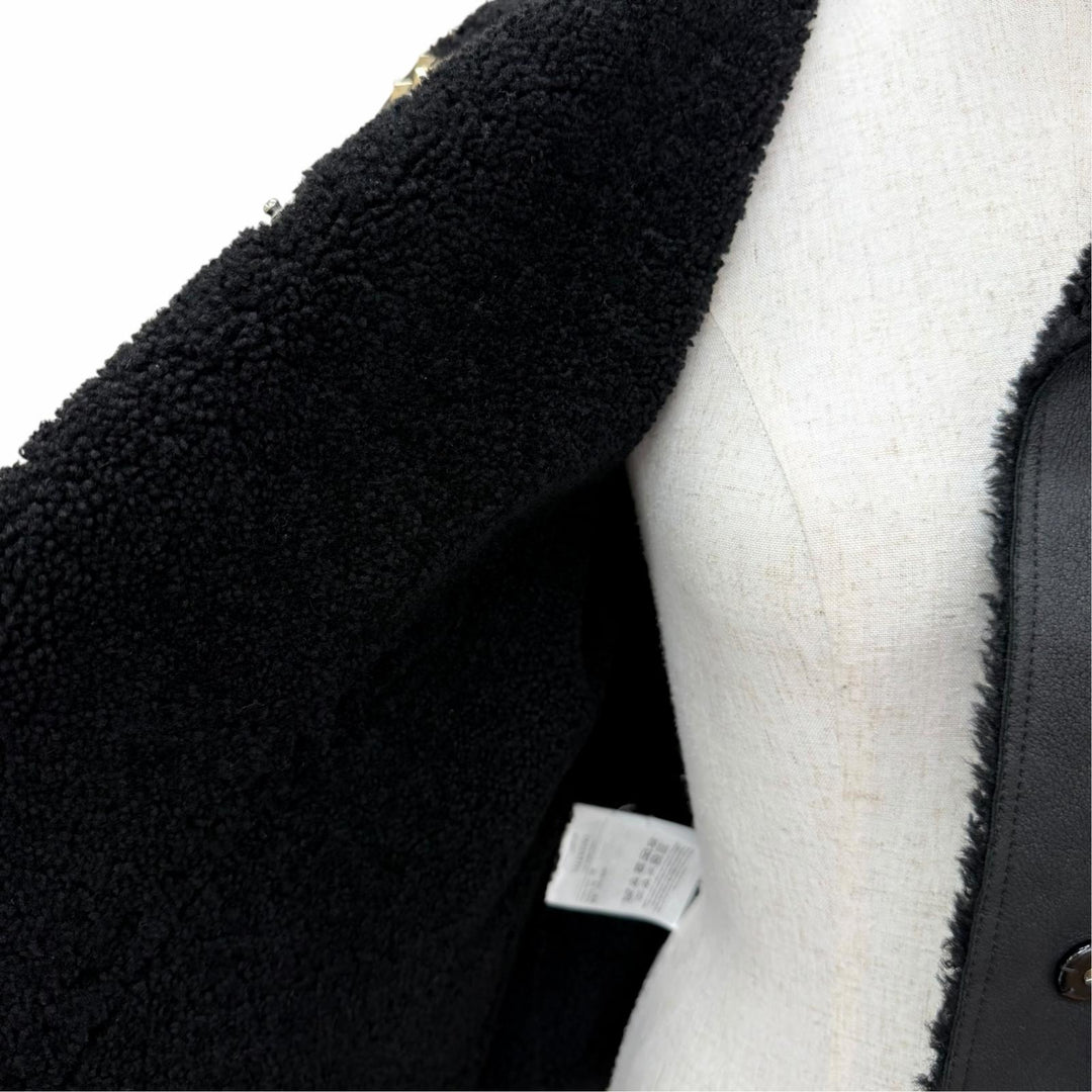 美品☆VALENTINO ヴァレンティノ ロックスタッズ付 レザー使い ムートンジャケット ブラック IT 38 イタリア製 正規品 レディース