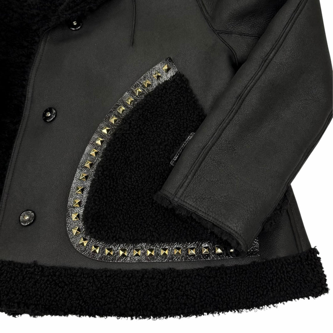 美品☆VALENTINO ヴァレンティノ ロックスタッズ付 レザー使い ムートンジャケット ブラック IT 38 イタリア製 正規品 レディース