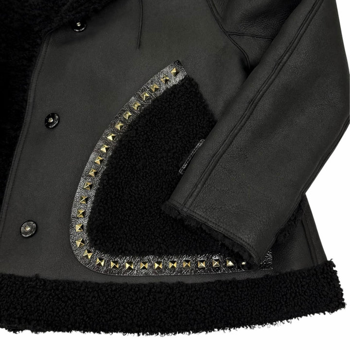 美品☆VALENTINO ヴァレンティノ ロックスタッズ付 レザー使い ムートンジャケット ブラック IT 38 イタリア製 正規品 レディース