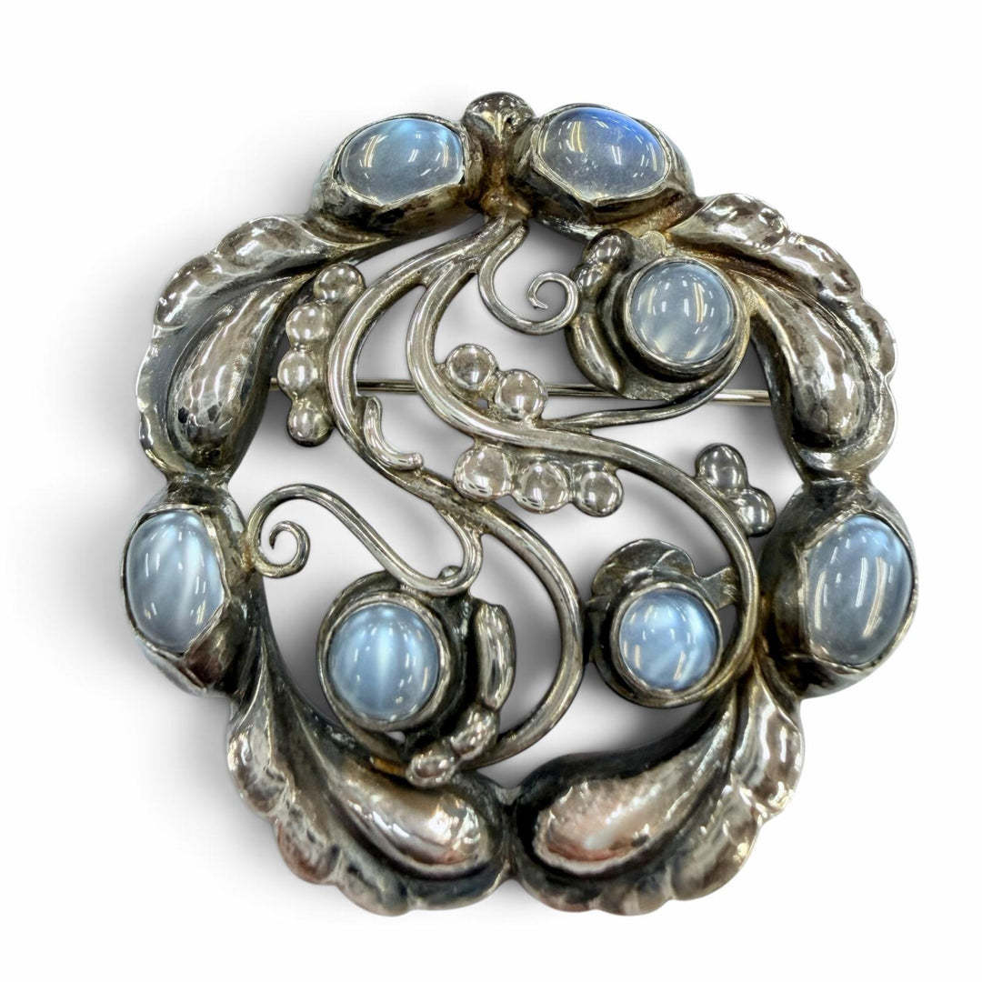 美品☆Georg Jensen ジョージジェンセン 159 925 ムーンストーン ブロッサム ブローチ シルバー ライトブルー 重量15.9g レディース