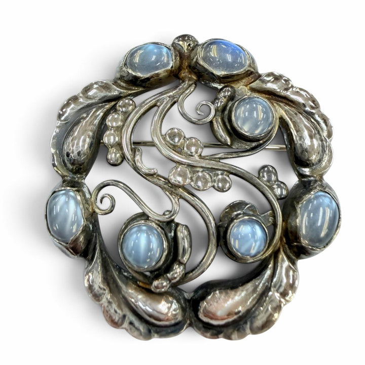 美品☆Georg Jensen ジョージジェンセン 159 925 ムーンストーン ブロッサム ブローチ シルバー ライトブルー 重量15.9g レディース