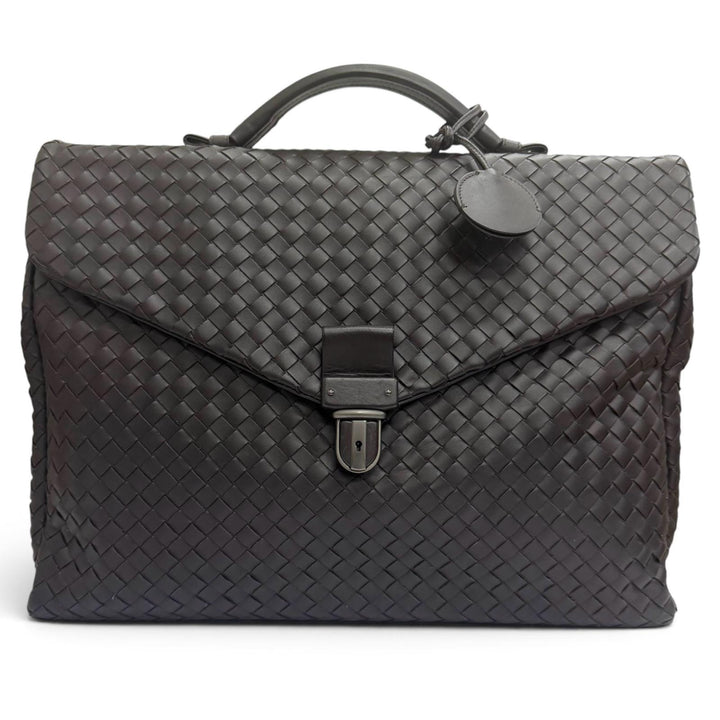 極美品□BOTTEGAVENETA ボッテガヴェネタ 113095 レザー イントレチャート ブリーフケース ダークブラウン イタリア製 メンズ 保存袋付き