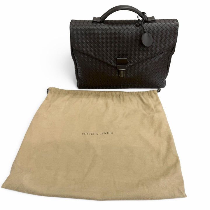 極美品□BOTTEGAVENETA ボッテガヴェネタ 113095 レザー イントレチャート ブリーフケース ダークブラウン イタリア製 メンズ 保存袋付き