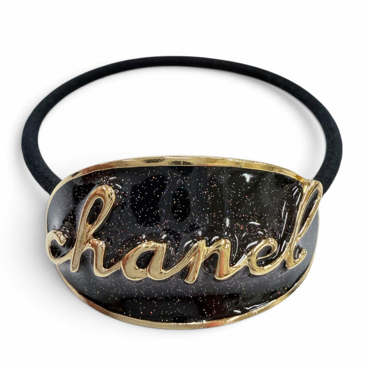 極美品☆CHANEL シャネル C24C メタル オーバルロゴプレート ヘアゴム ヘアアクセサリー ゴールド ブラックラメ フランス製 箱・保存袋付